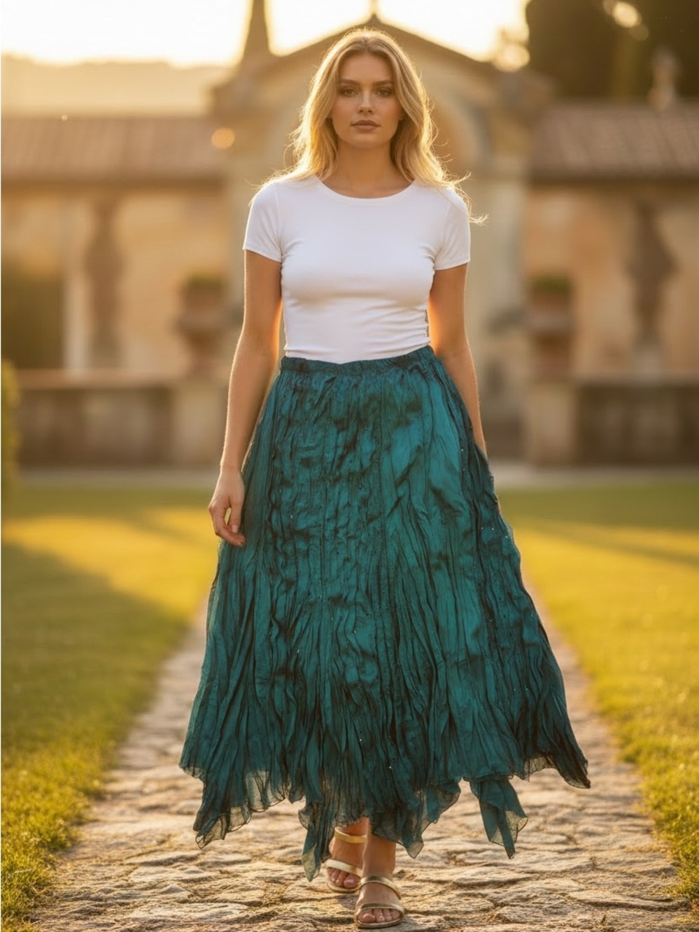 Boho Gypsy Fairycore Teal Green Asymmetrical Maxi Skirt